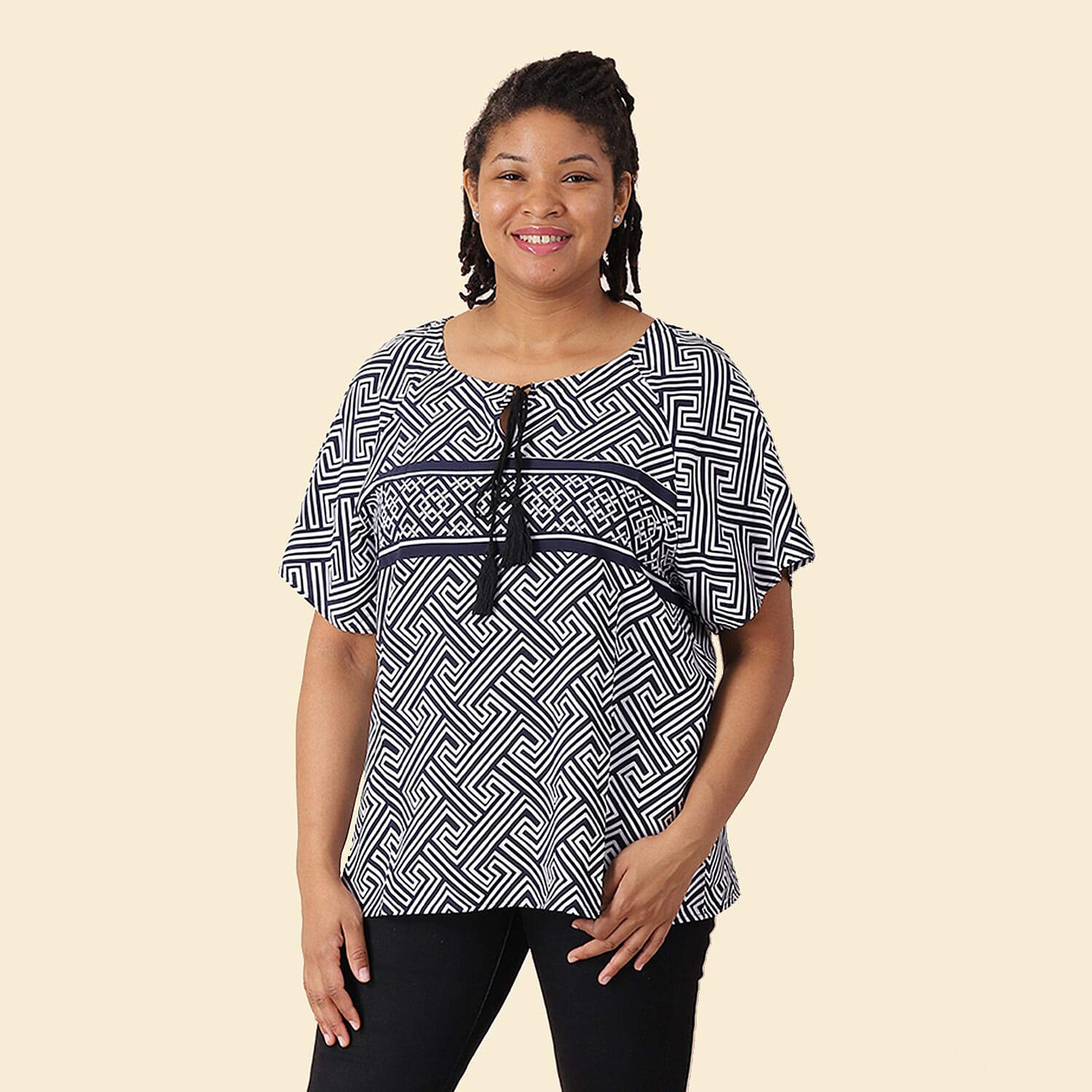 JOVIE Viscose Fret Pattern Short Sleeved Woven Print Top with Tassel (Size L - 16-18) - White & Navy