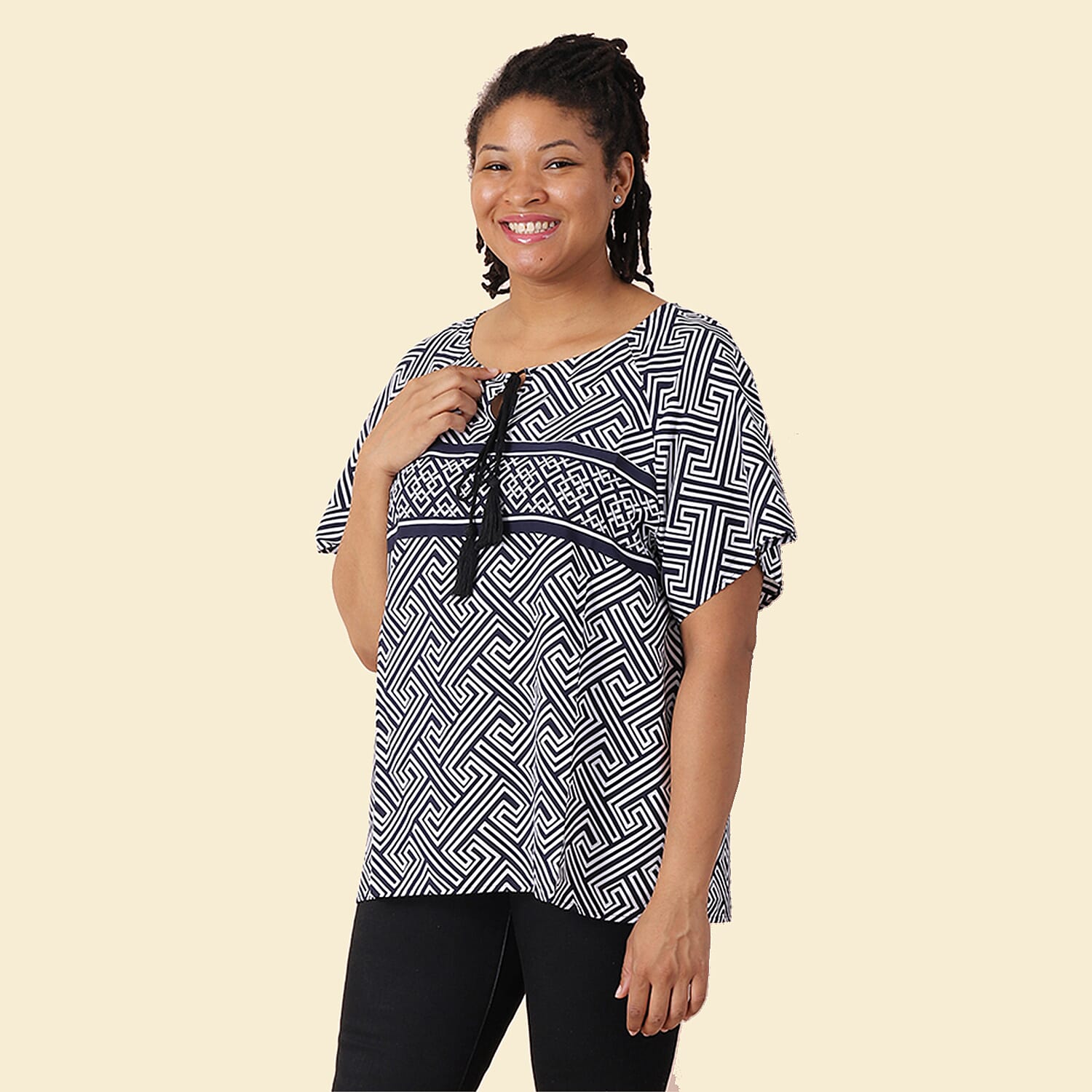 JOVIE Viscose Fret Pattern Short Sleeved Woven Print Top with Tassel (Size L - 16-18) - White & Navy