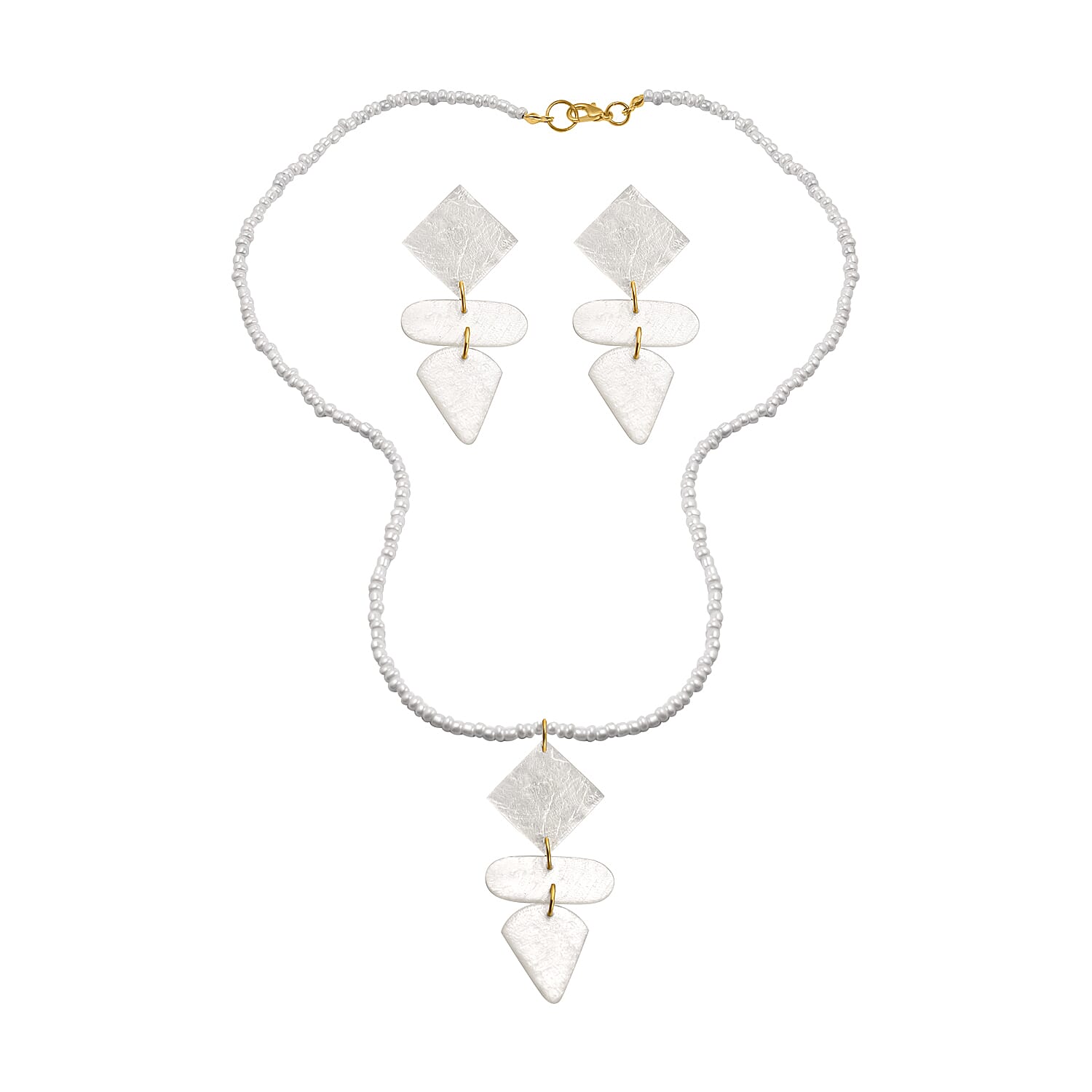 2 Piece Set - White Shell Pearl Pendant with Necklace (Size 22) and Earrings in Yellow Tone