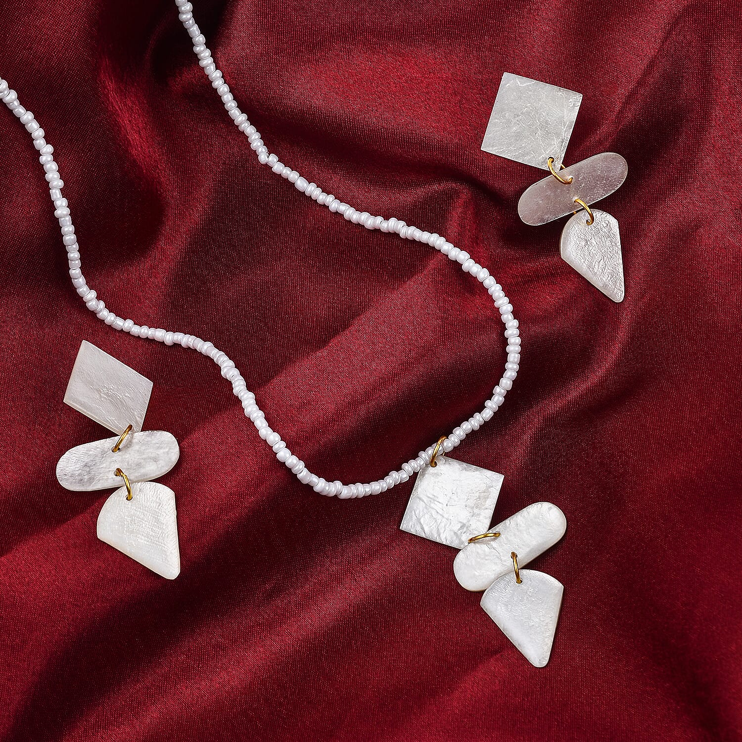 2 Piece Set - White Shell Pearl Pendant with Necklace (Size 22) and Earrings in Yellow Tone