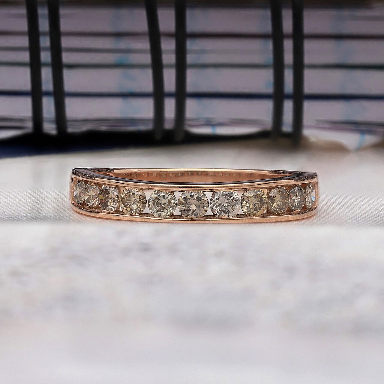 9K Rose Gold SGL Certified Natural Champagne Diamond Half Eternity Band Ring 1.00 Ct.