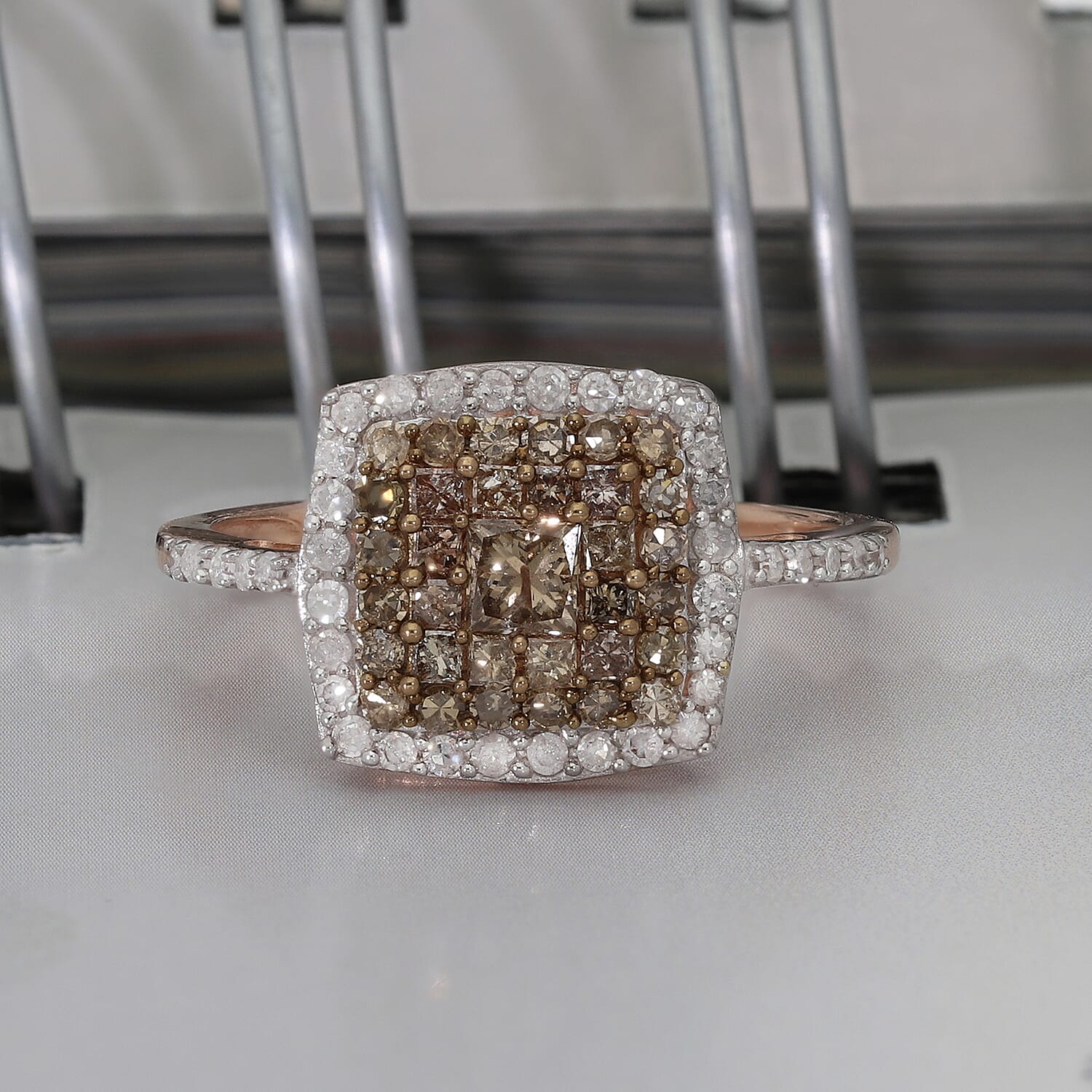 9K Rose Gold SGL Certified Natural Champagne Diamond and White Diamond (I3- G-H) Ring 1.00 Ct.