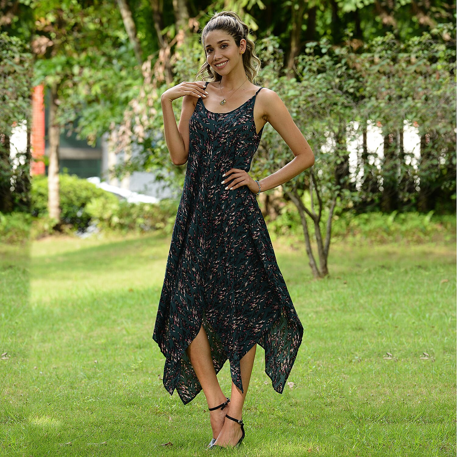 LA MAREY 100% Viscose Floral Pattern Slip Dress - Black and White