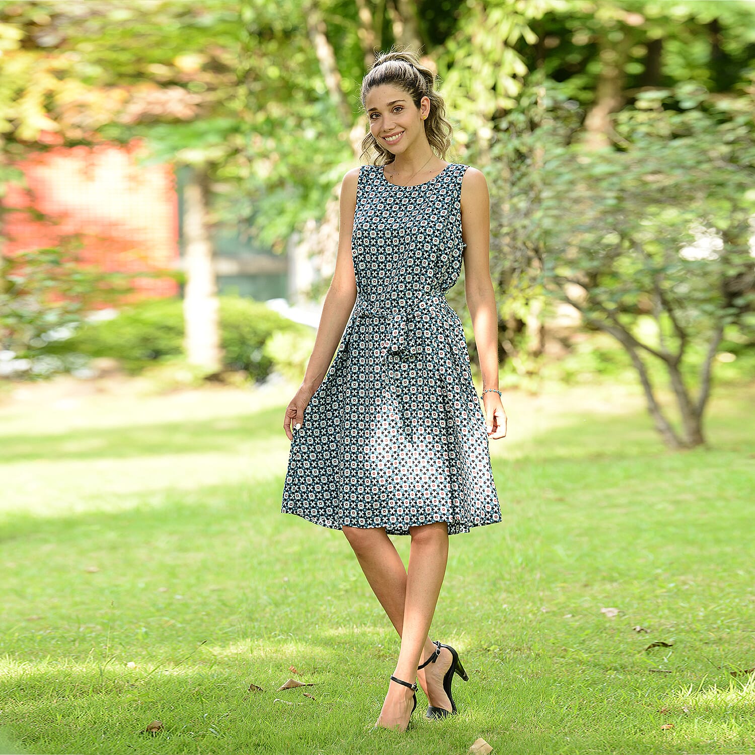 LA MAREY Viscose Striking Geometric Pattern Sleeveless Dress - Teal Green & Multi