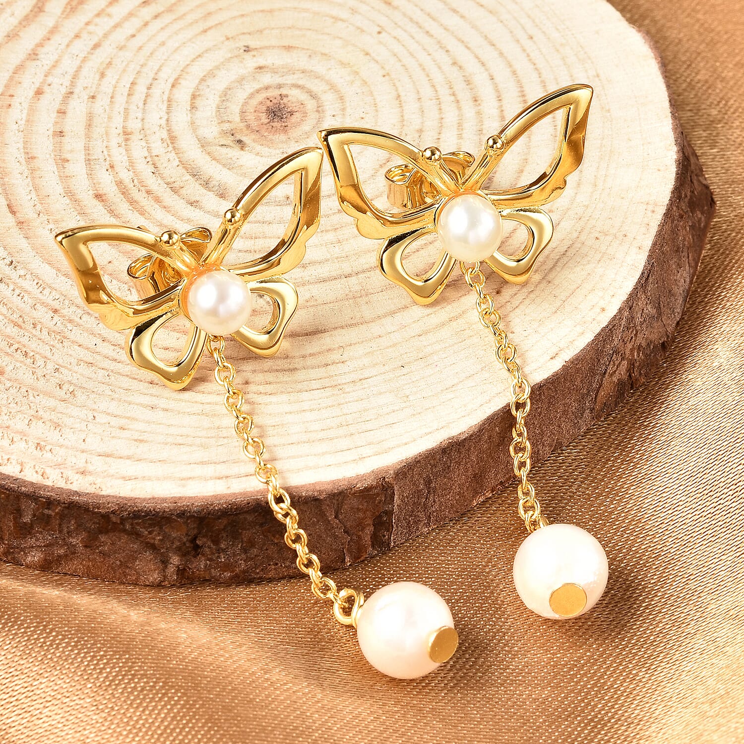 Japanese Akoya Pearl Earrings (with Push Back) in Yellow Gold Overlay Sterling Silver