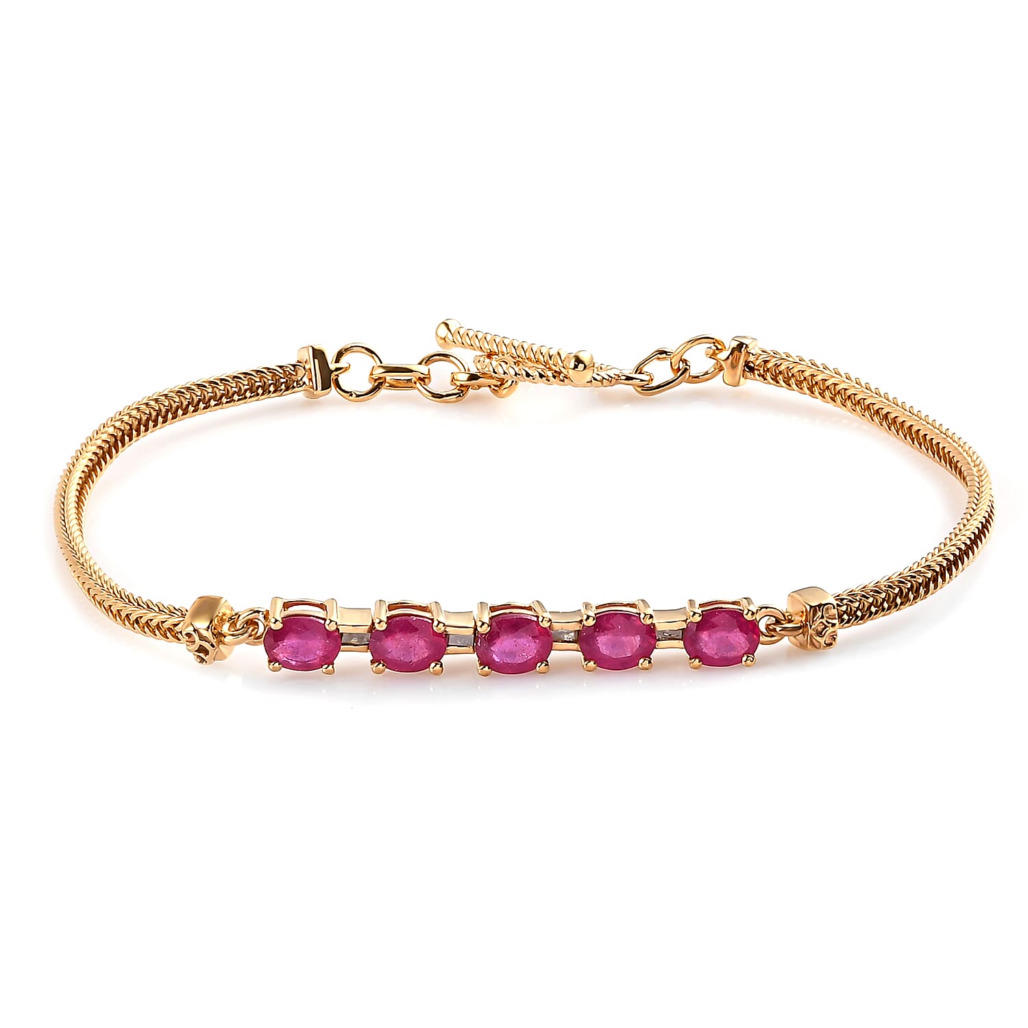 African Ruby (FF) and Diamond Bracelet (Size 7.5) in 14K Gold Overlay Sterling Silver With T-Bar lock. Silver wt. 6.00 Gms,2.57 Ct.