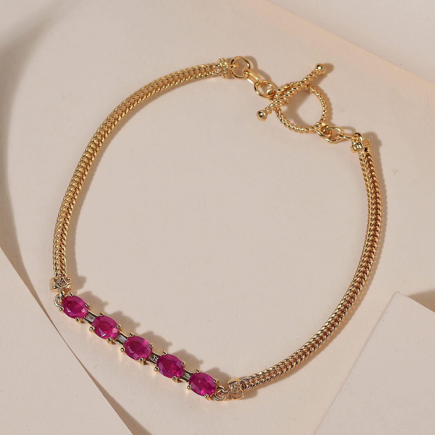 African Ruby (FF) and Diamond Bracelet (Size 7.5) in 14K Gold Overlay Sterling Silver With T-Bar lock. Silver wt. 6.00 Gms,2.57 Ct.