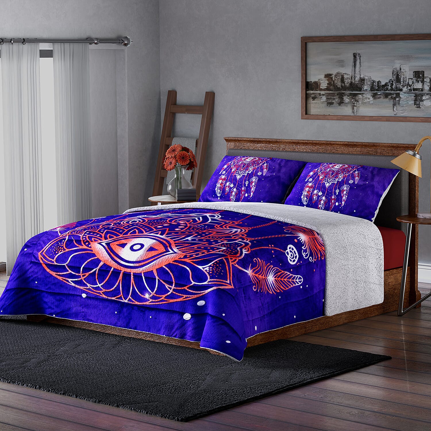 Deluxe Range- Dream Catcher Digital Pattern Flannel Sherpa Comforter (Size King - 250x230 Cm) and 2 Pillowcase (Size 92x50 Cm) - Purple