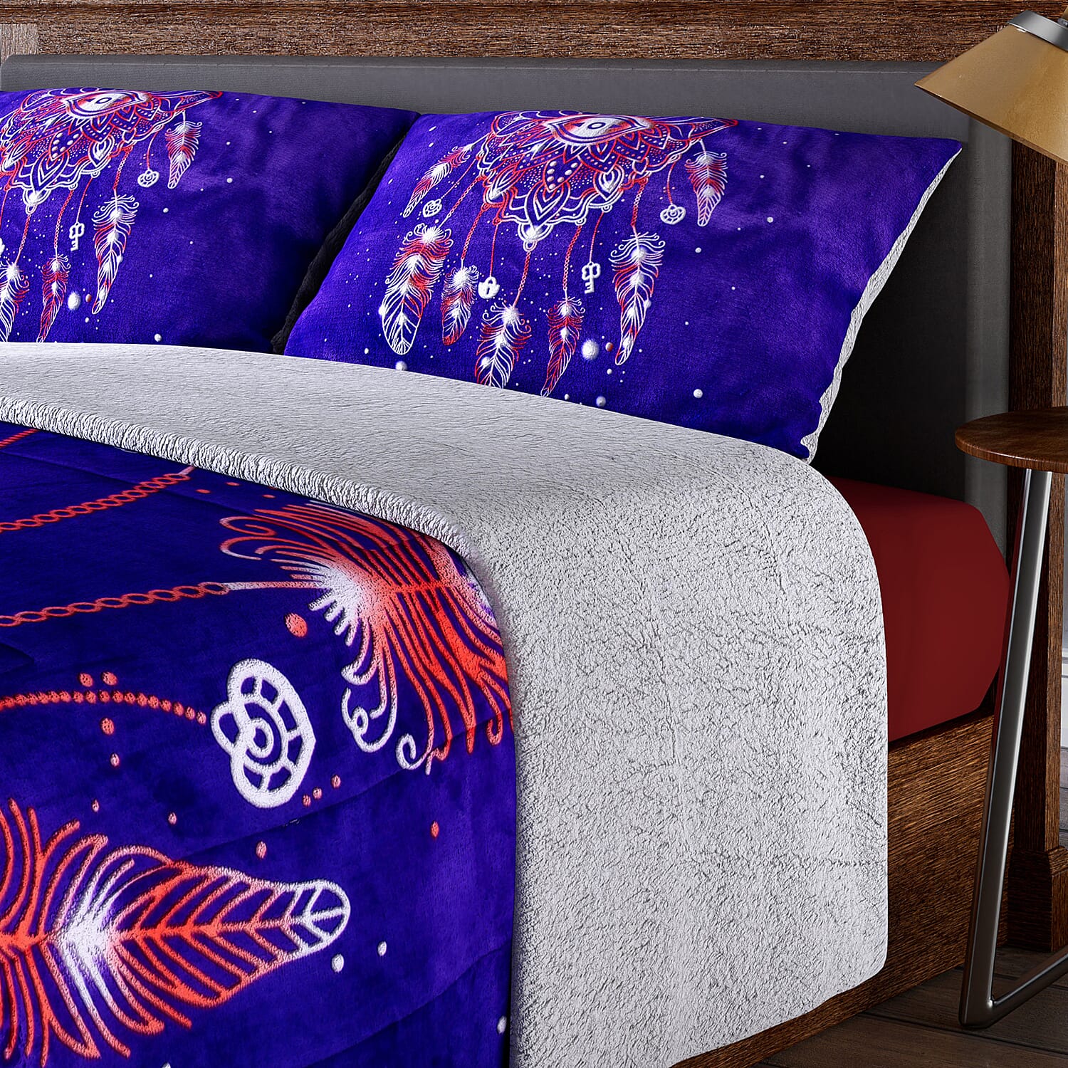 Deluxe Range- Dream Catcher Digital Pattern Flannel Sherpa Comforter (Size King - 250x230 Cm) and 2 Pillowcase (Size 92x50 Cm) - Purple