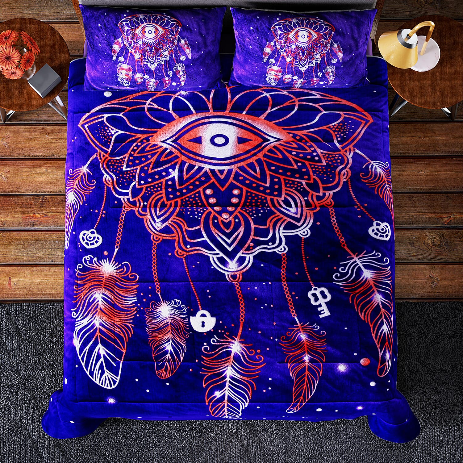 Deluxe Range- Dream Catcher Digital Pattern Flannel Sherpa Comforter (Size King - 250x230 Cm) and 2 Pillowcase (Size 92x50 Cm) - Purple