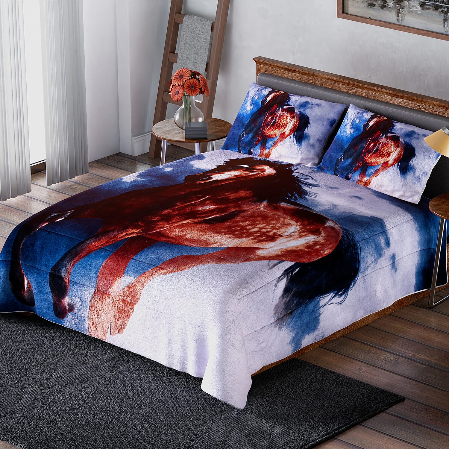 Deluxe Range- Horse Digital Pattern Flannel Sherpa Comforter (Size King - 250x230 Cm) and 2 Pillowcase (Size 92x50 Cm) - Blue