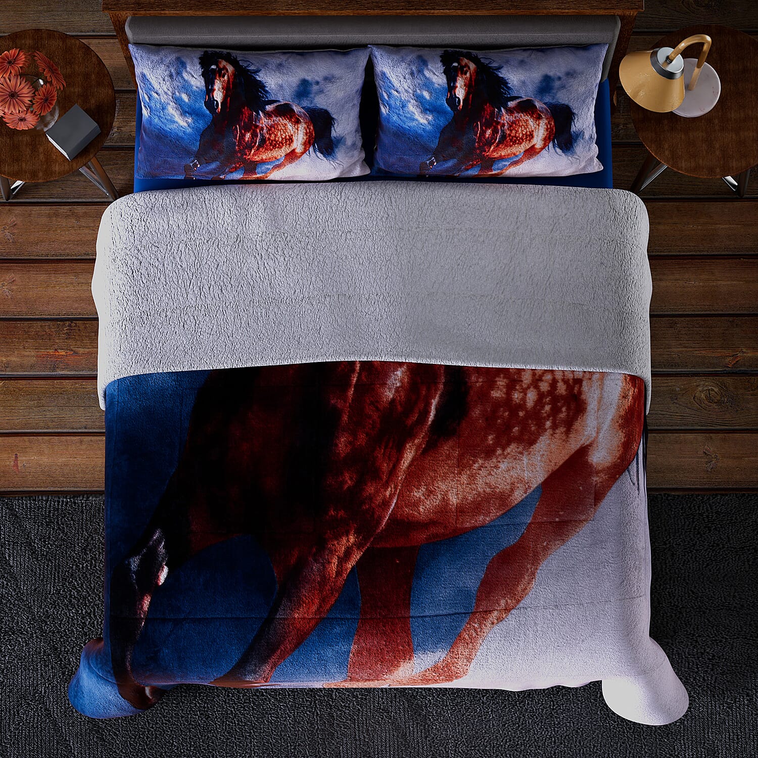 Deluxe Range- Horse Digital Pattern Flannel Sherpa Comforter (Size King - 250x230 Cm) and 2 Pillowcase (Size 92x50 Cm) - Blue Deluxe Range- Horse Digital Pattern Flannel Sherpa Comforter (Size King - 250x230 Cm) and 2 Pillowcase (Size 92x50 Cm) - Blue