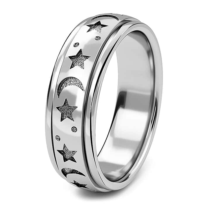 Sterling Silver with Platinum Overlay Moon and Star Fidget Spinner Band Anxiety Stress Reliever Ring for Men and Women