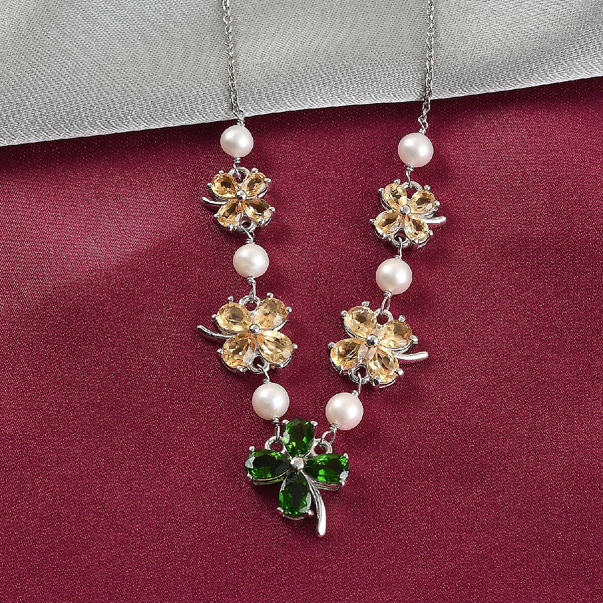 GP Italian Garden Collection - Citrine, Freshwater Pearl, Chrome Diopside & Kanchanaburi Blue Sapphire Necklace (Size -18) in Platinum Overlay Sterling Silver