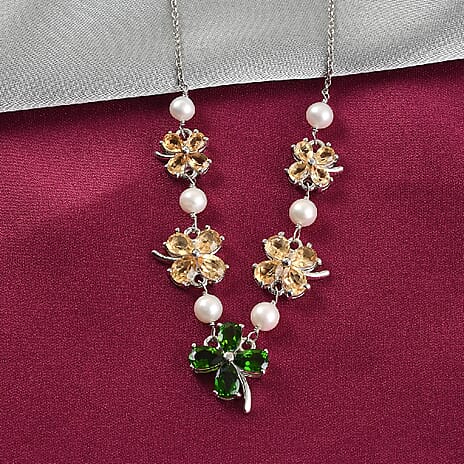 GP Italian Garden Collection - Citrine, Freshwater Pearl, Chrome Diopside & Kanchanaburi Blue Sapphire Necklace (Size -18) in Platinum Overlay Sterling Silver