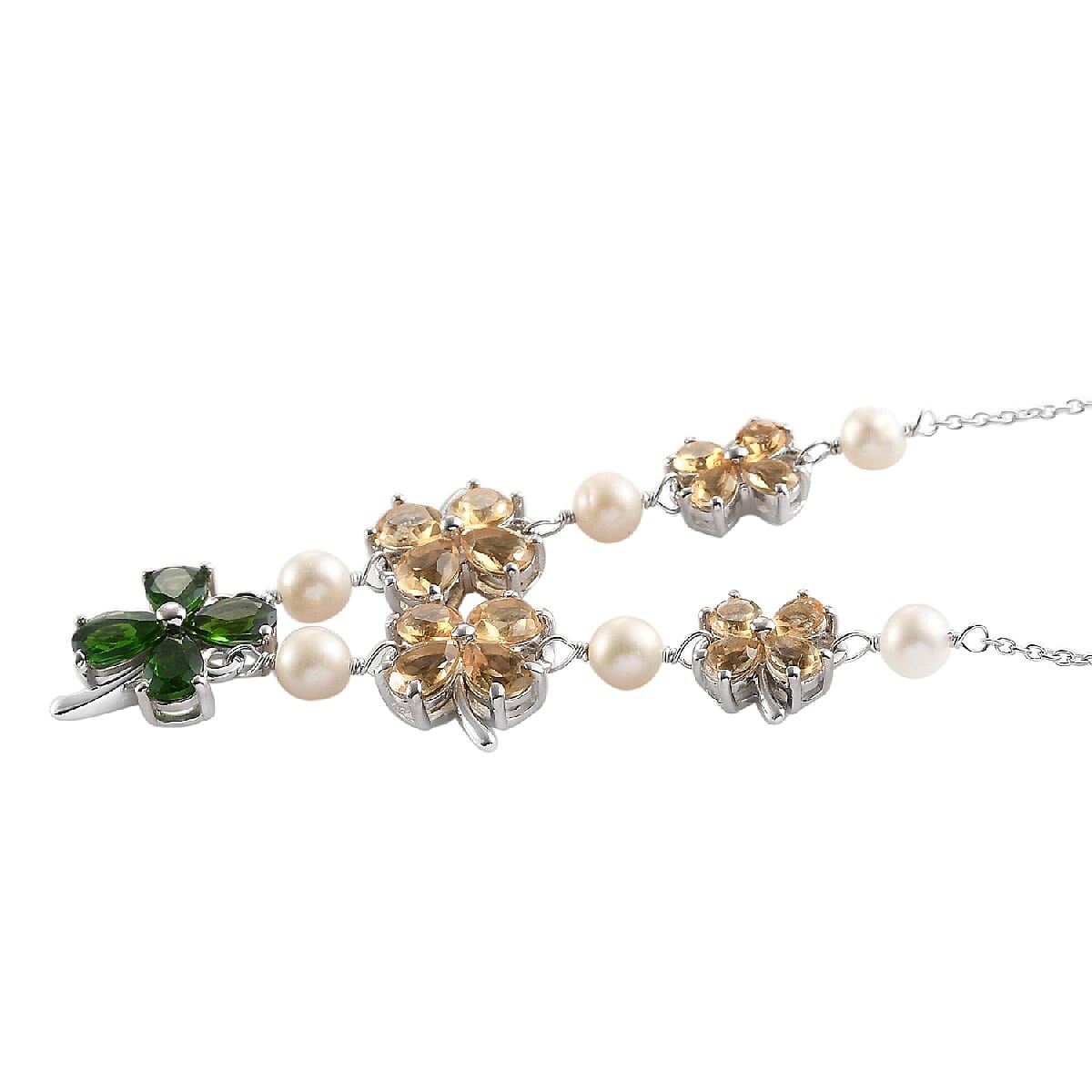 GP Italian Garden Collection - Citrine, Freshwater Pearl, Chrome Diopside & Kanchanaburi Blue Sapphire Necklace (Size -18) in Platinum Overlay Sterling Silver