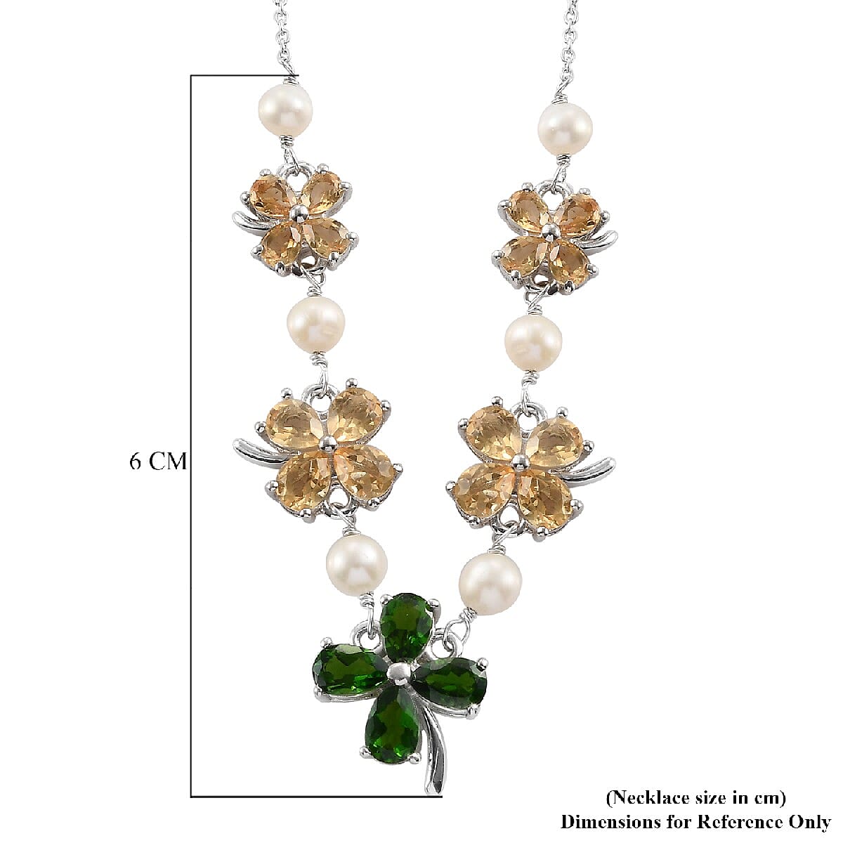 GP Italian Garden Collection - Citrine, Freshwater Pearl, Chrome Diopside & Kanchanaburi Blue Sapphire Necklace (Size -18) in Platinum Overlay Sterling Silver