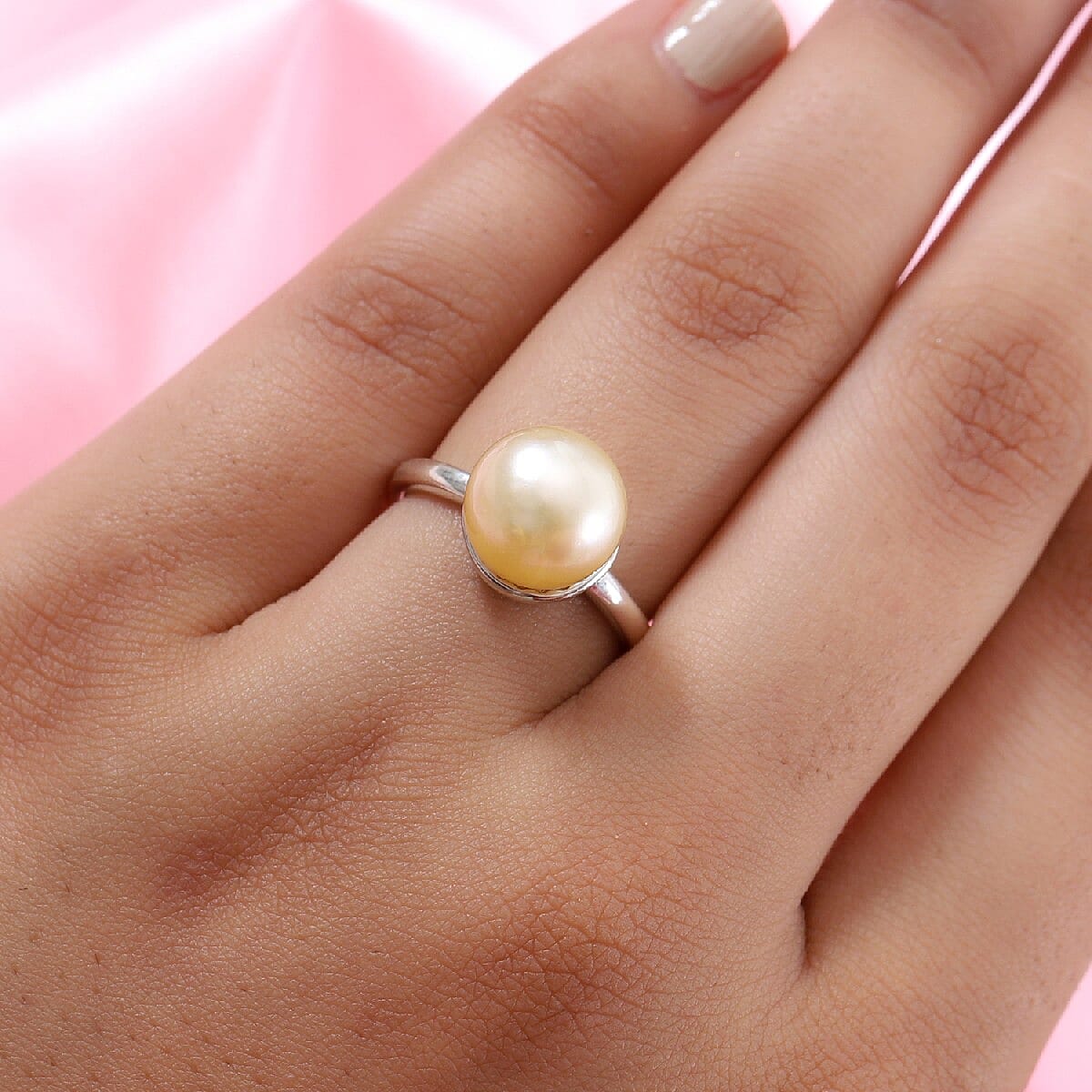 Royal Bali Collection- Golden South Sea Pearl Solitaire Ring in Platinum Overlay Sterling Silver