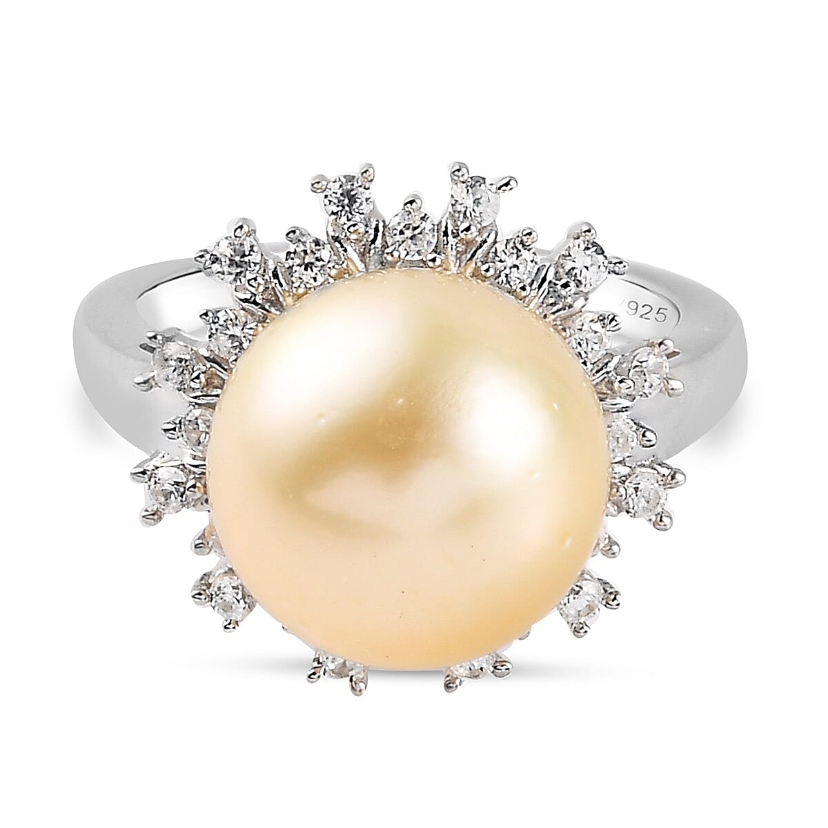 Golden South Sea Pearl and Natural Zircon Ring in Platinum Overlay Sterling Silver