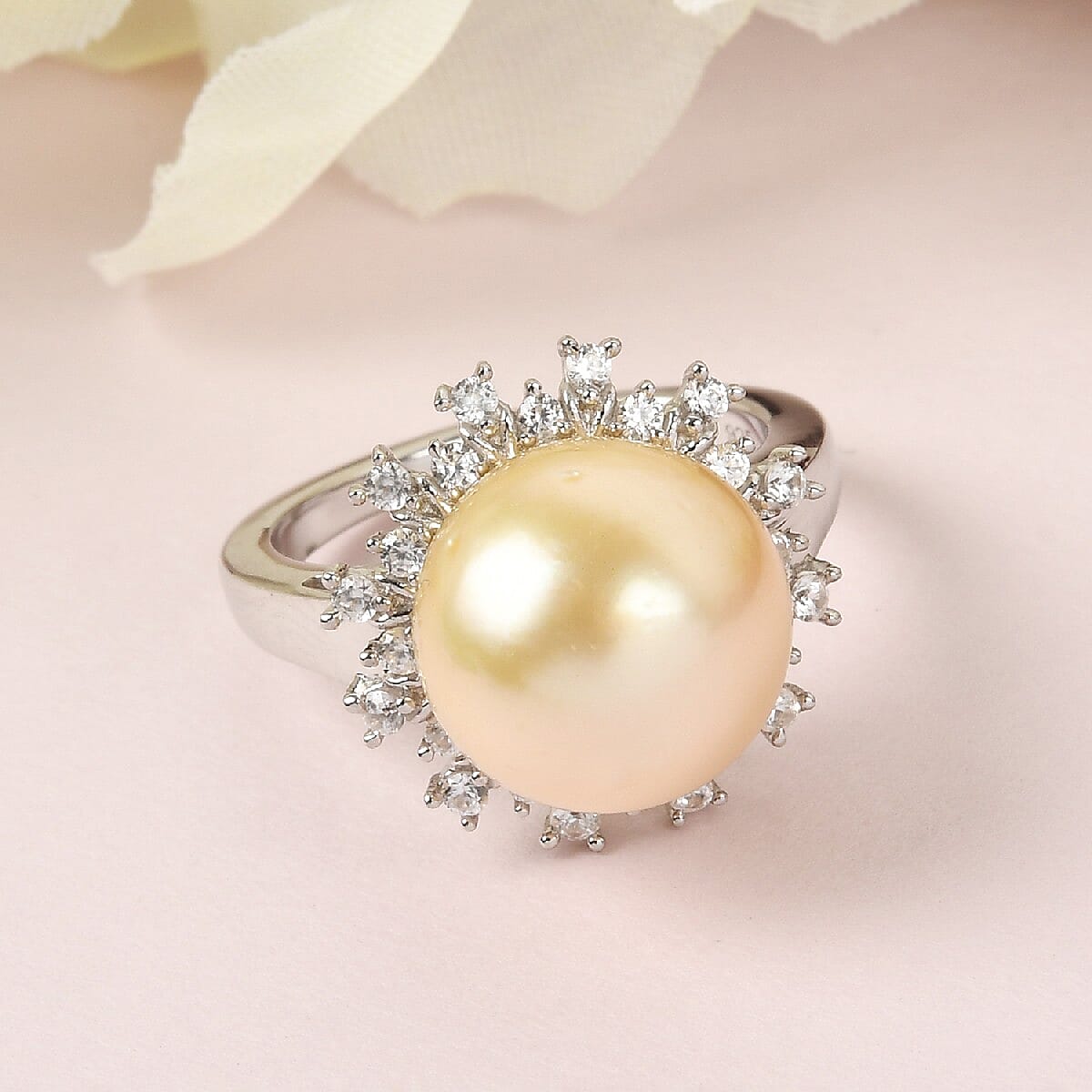Golden South Sea Pearl and Natural Zircon Ring in Platinum Overlay Sterling Silver