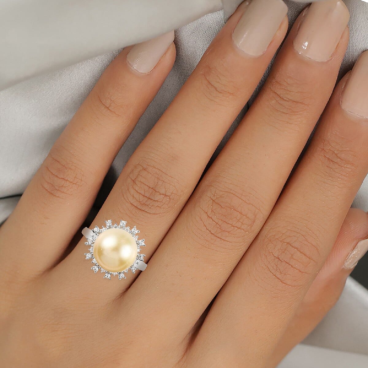 Golden South Sea Pearl and Natural Zircon Ring in Platinum Overlay Sterling Silver