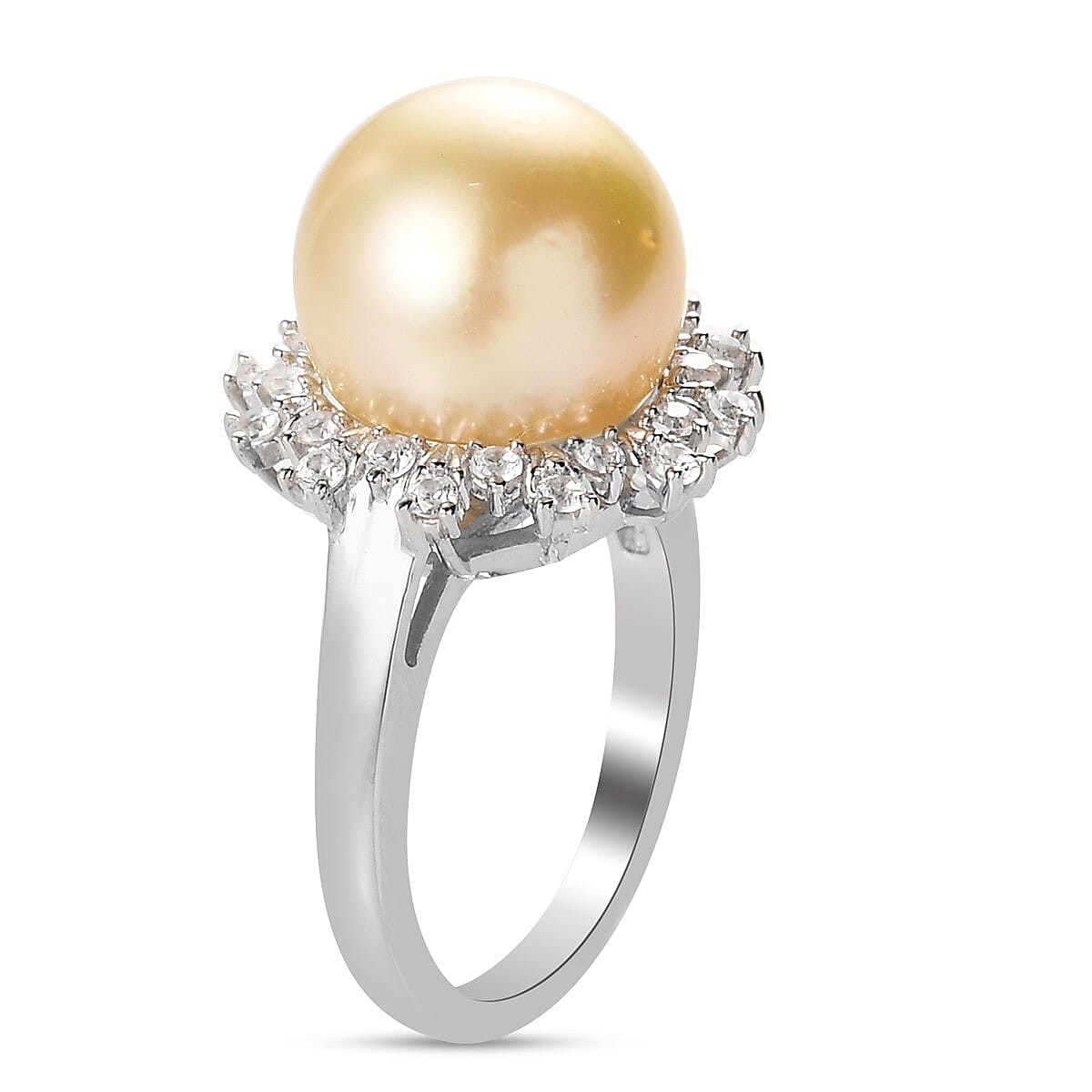 Golden South Sea Pearl and Natural Zircon Ring in Platinum Overlay Sterling Silver