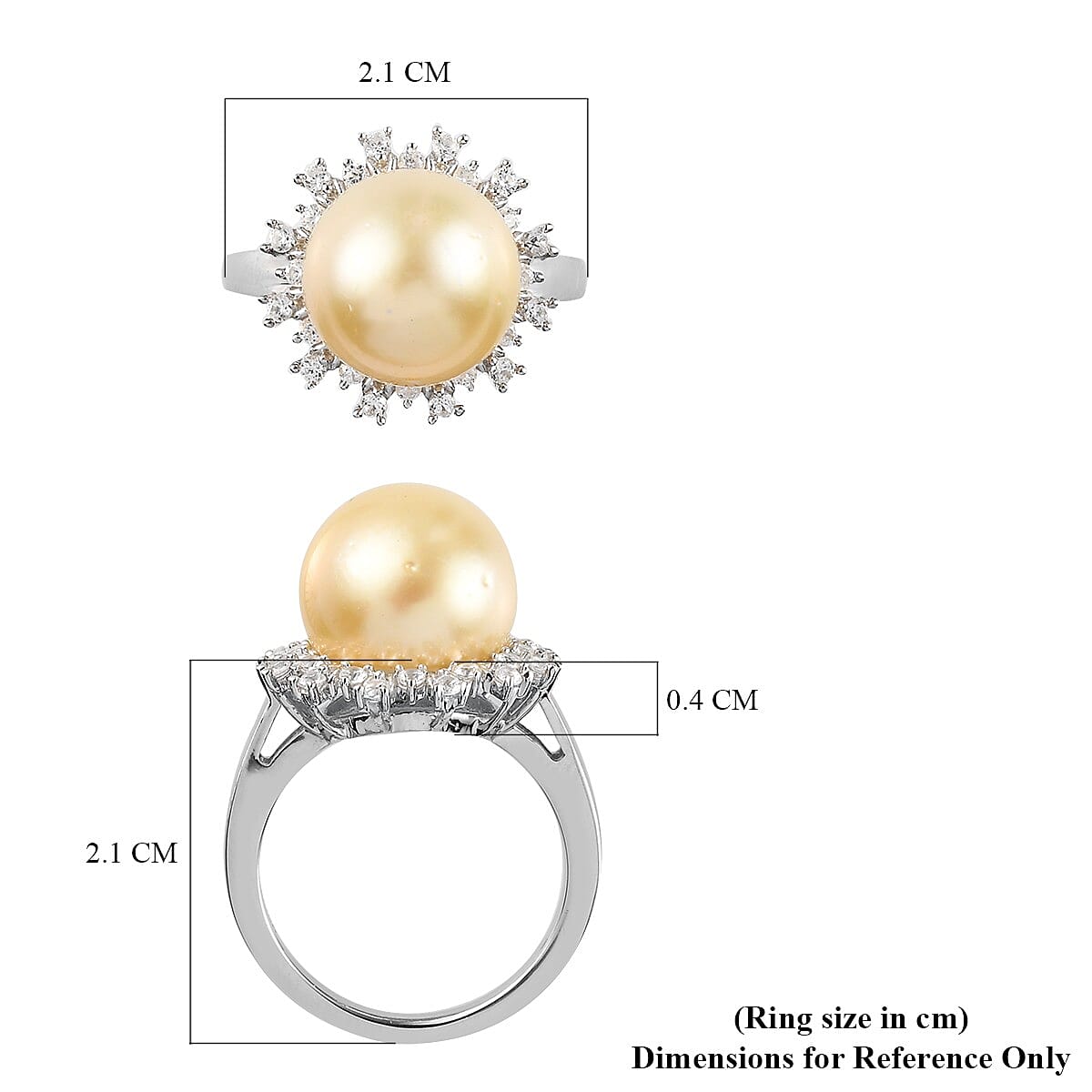 Golden South Sea Pearl and Natural Zircon Ring in Platinum Overlay Sterling Silver