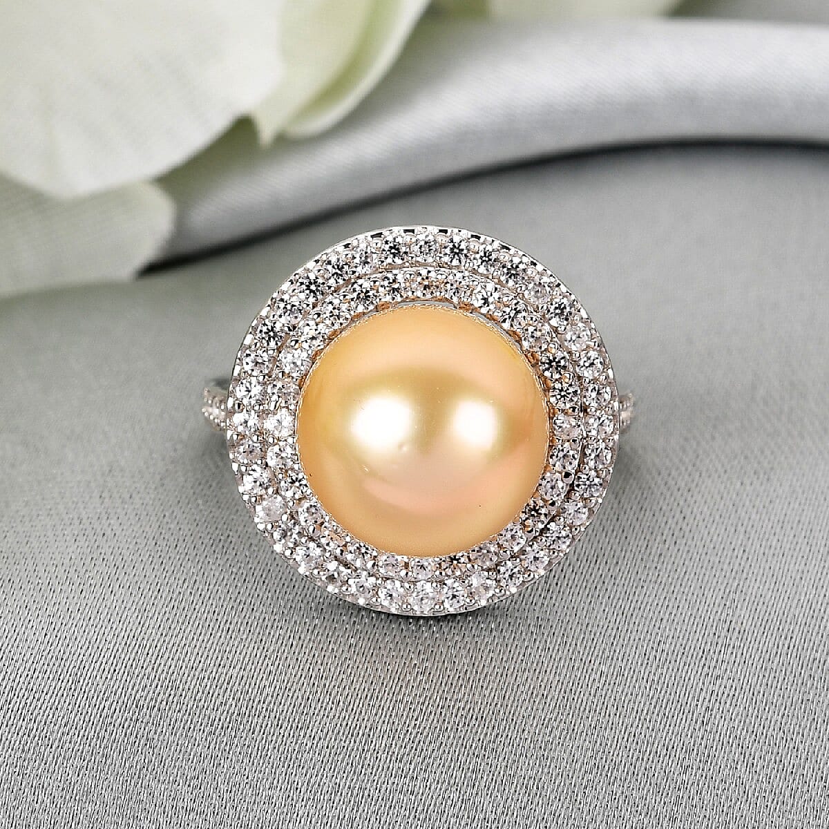 Royal Bali Collection - Golden South Sea Pearl and Natural Zircon Ring in Platinum Overlay Sterling Silver