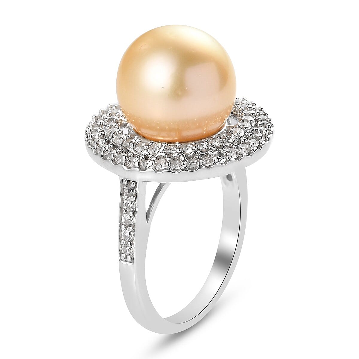 Royal Bali Collection - Golden South Sea Pearl and Natural Zircon Ring in Platinum Overlay Sterling Silver