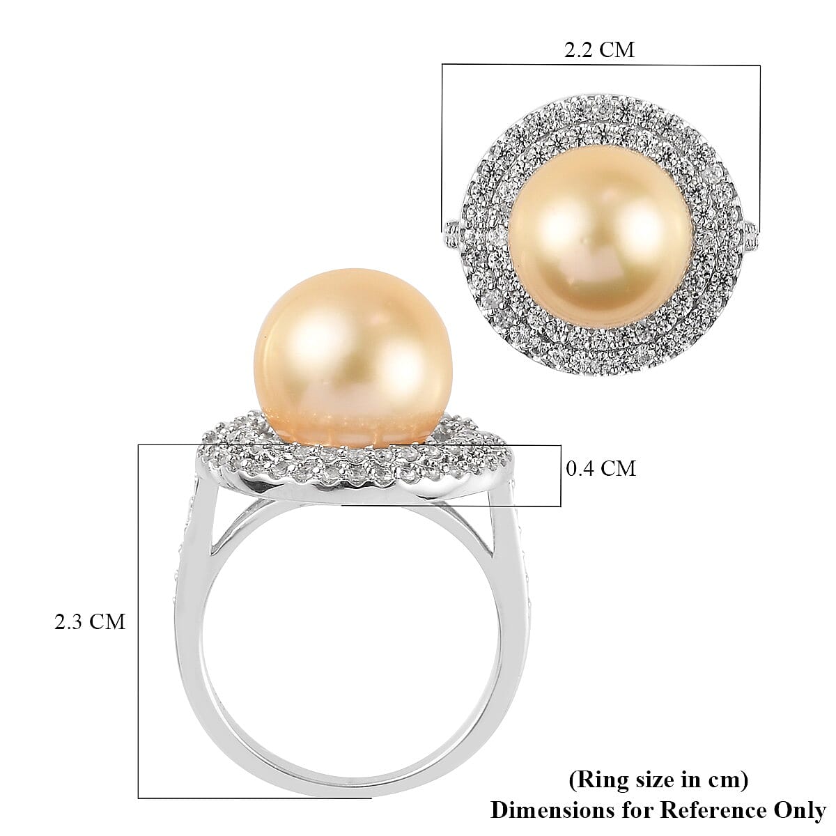 Royal Bali Collection - Golden South Sea Pearl and Natural Zircon Ring in Platinum Overlay Sterling Silver
