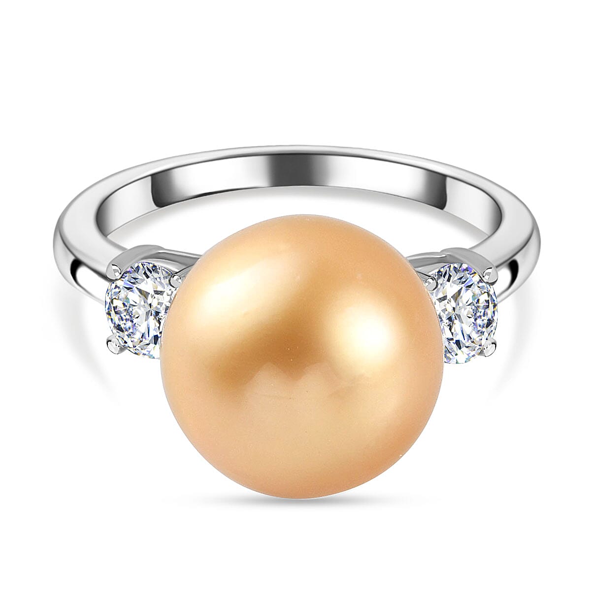 Golden South Sea Pearl and Natural Zircon Ring in Platinum Overlay Sterling Silver