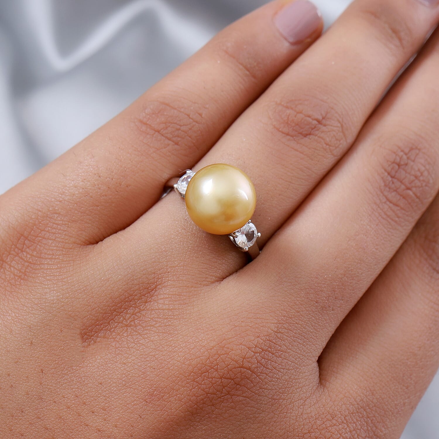 Golden South Sea Pearl and Natural Zircon Ring in Platinum Overlay Sterling Silver