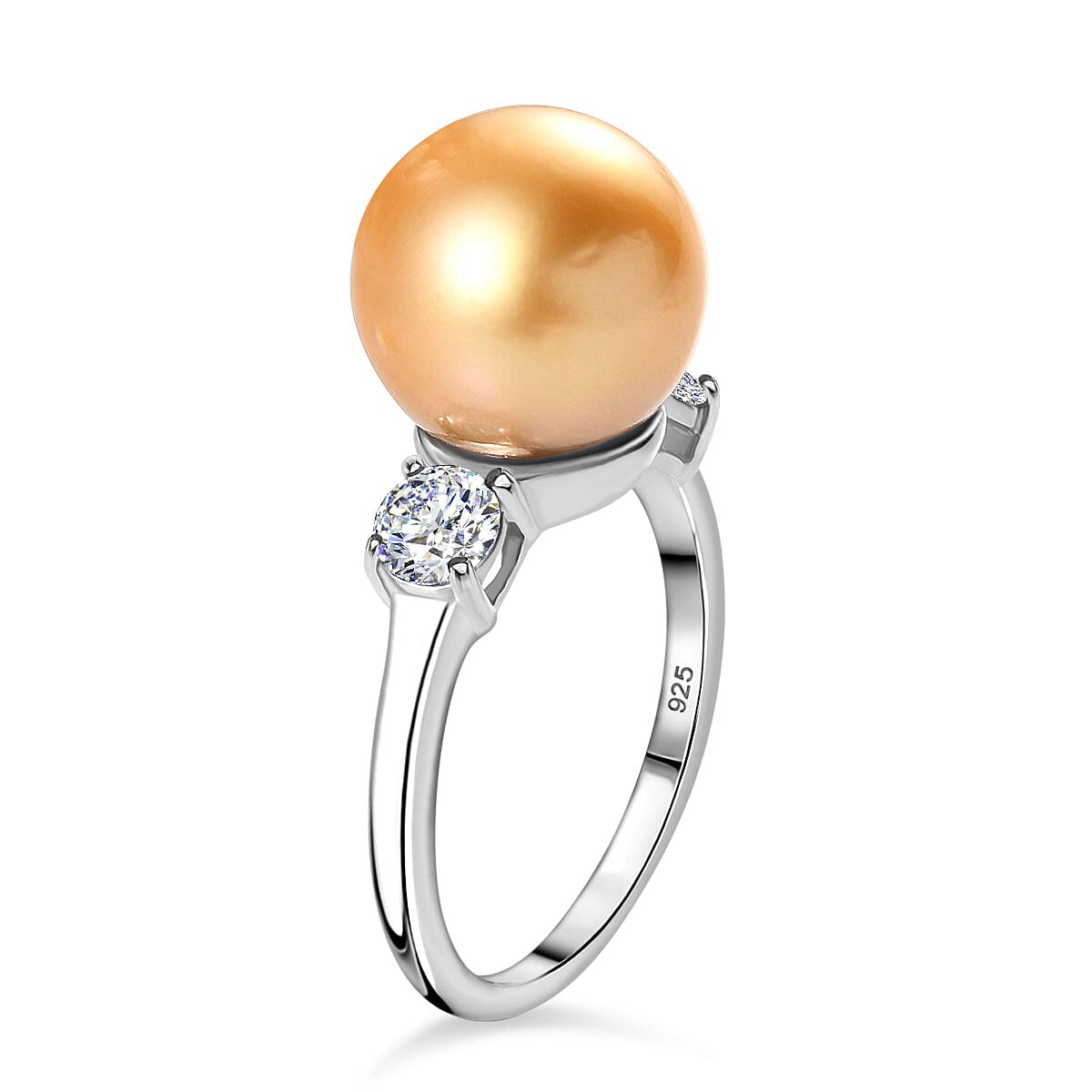 Golden South Sea Pearl and Natural Zircon Ring in Platinum Overlay Sterling Silver