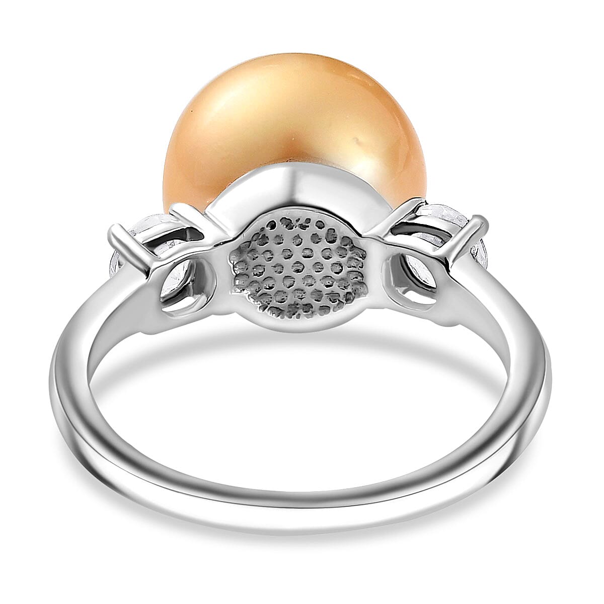 Golden South Sea Pearl and Natural Zircon Ring in Platinum Overlay Sterling Silver