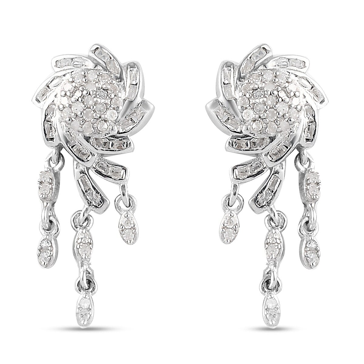 GP - Designer Inspired - Diamond Dangling Earrings (with Push Back) in Platinum Overlay Sterling Silver 0.47 Ct.