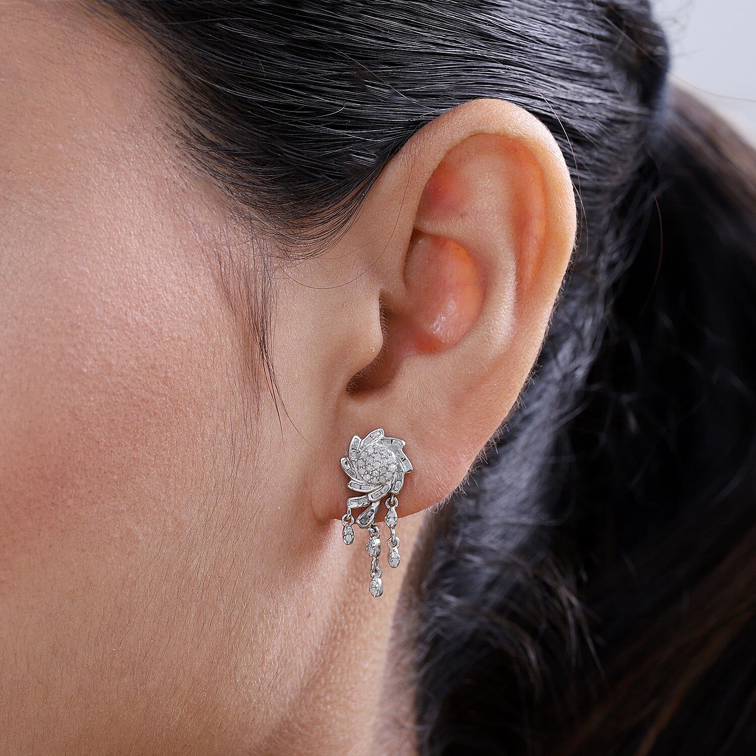 GP - Designer Inspired - Diamond Dangling Earrings (with Push Back) in Platinum Overlay Sterling Silver 0.47 Ct.