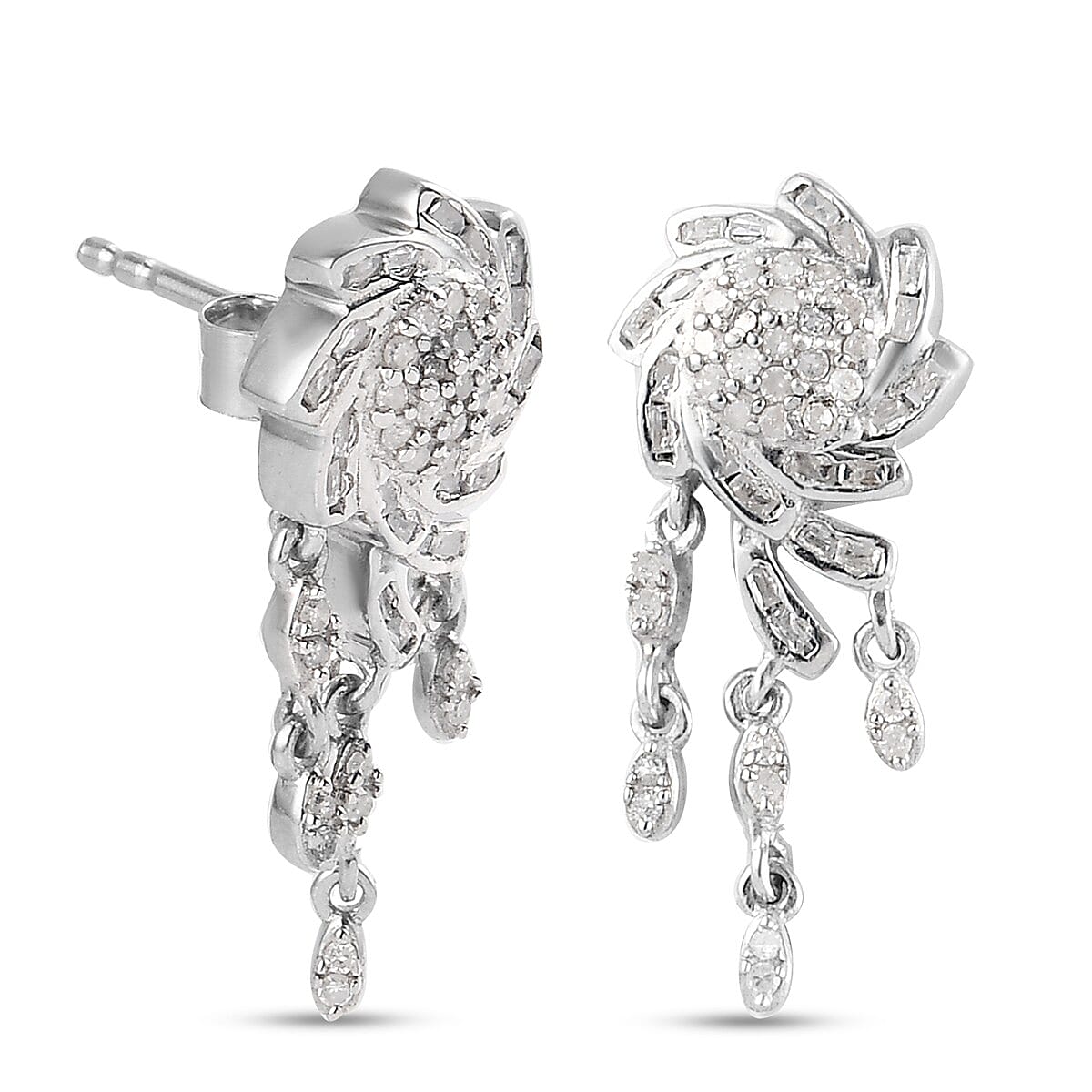 GP - Designer Inspired - Diamond Dangling Earrings (with Push Back) in Platinum Overlay Sterling Silver 0.47 Ct.