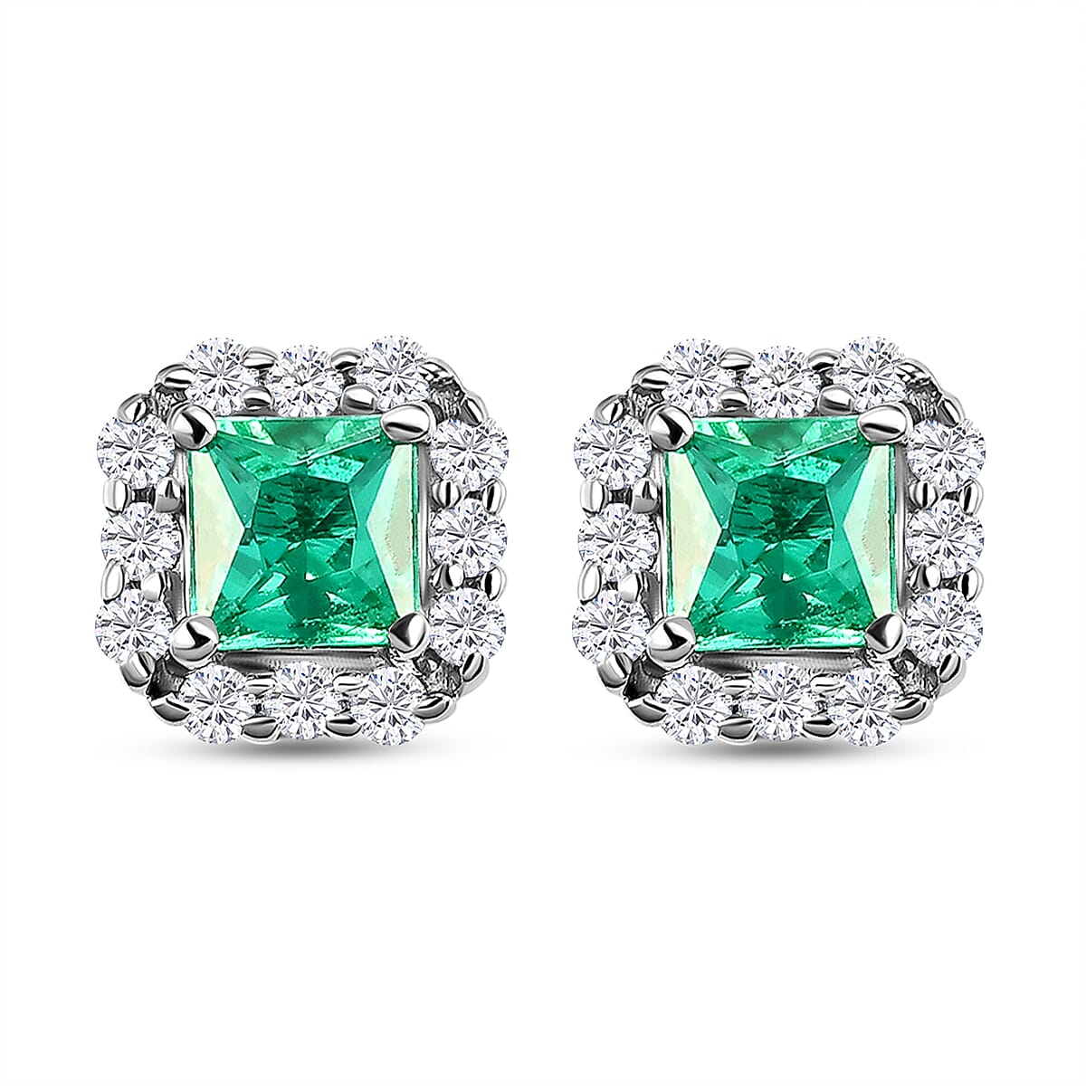 RHAPSODY 950 Platinum AAAA Boyaca Colombian Emerald and Diamond( VS-E-F)Stud Earrings (With Screw Back)