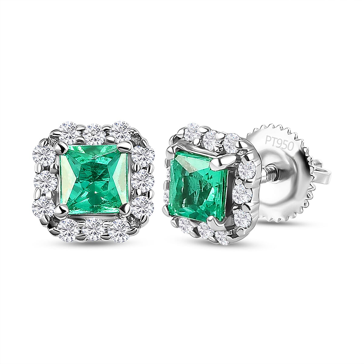 RHAPSODY 950 Platinum AAAA Boyaca Colombian Emerald and Diamond( VS-E-F)Stud Earrings (With Screw Back)