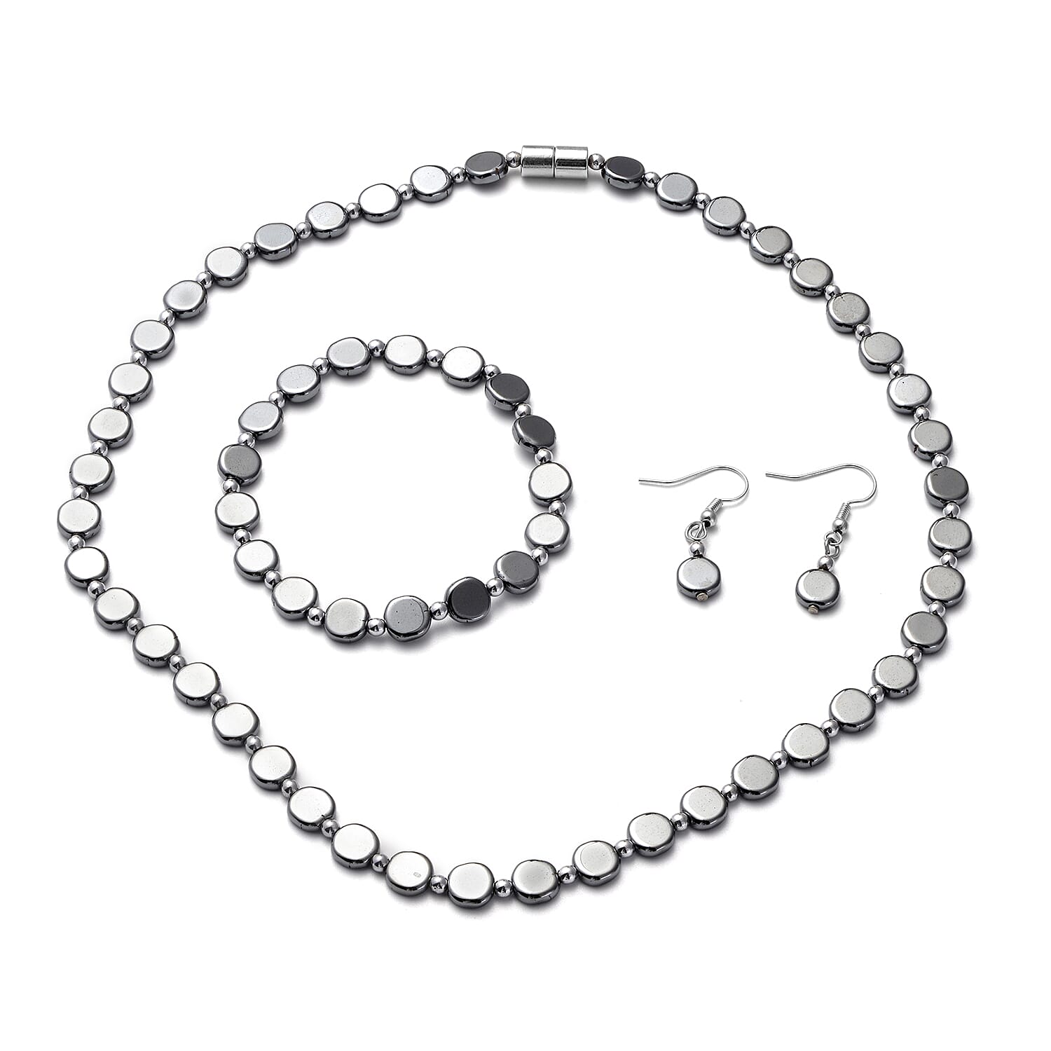 3 Piece Set - Hematite Necklace (Size 18), Stretchable Bracelet (Size 7.5 ) and Hook Earrings in Stainless Steel