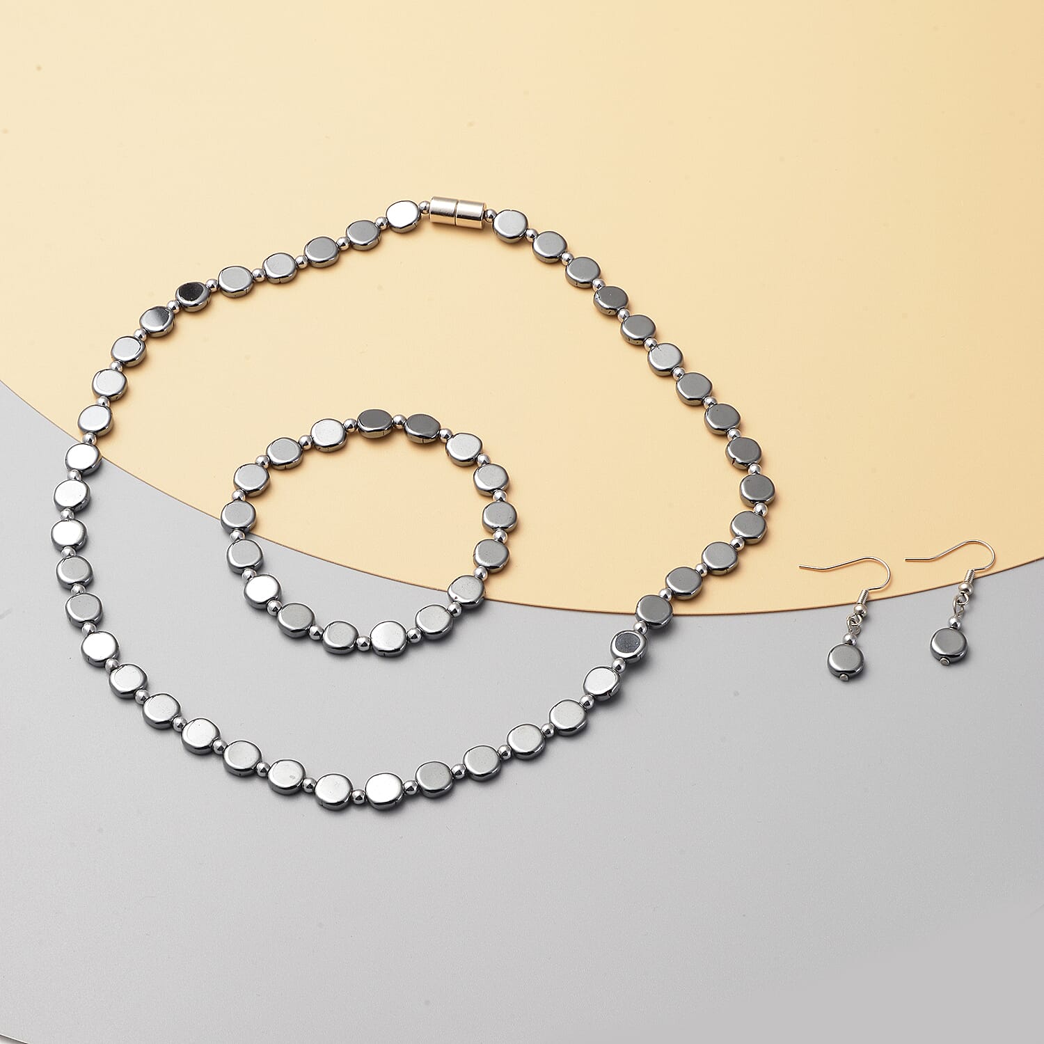 3 Piece Set - Hematite Necklace (Size 18), Stretchable Bracelet (Size 7.5 ) and Hook Earrings in Stainless Steel