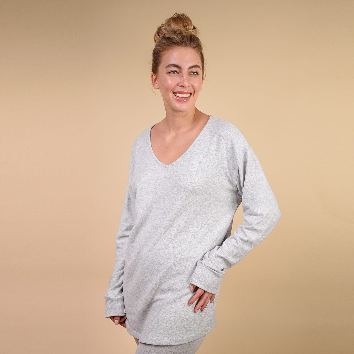 TAMSY Womens Loose Fit V Neck Top (Size - 12) - Light Grey