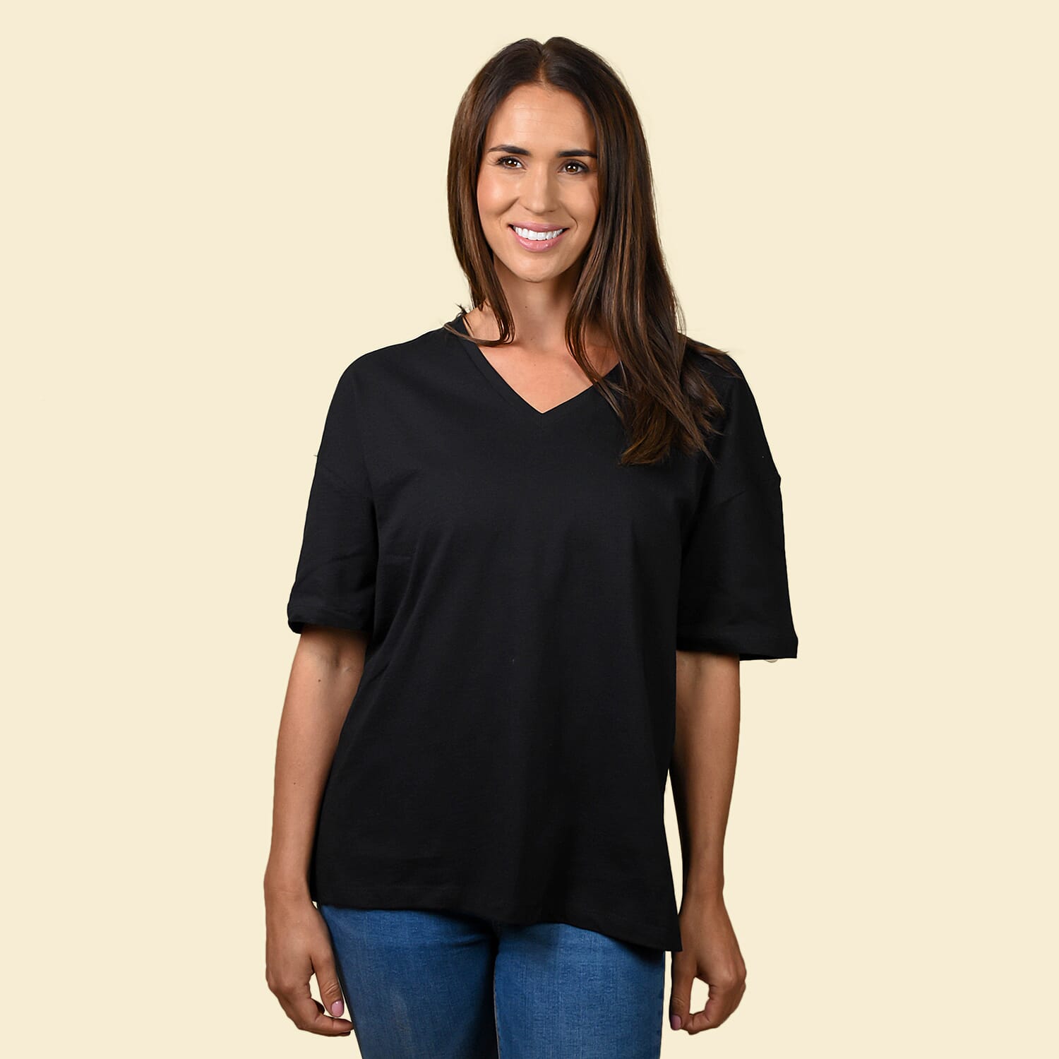 Cotton Womens V Neck Slub Tee Top - Black