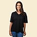 Cotton Womens V Neck Slub Tee Top - Black