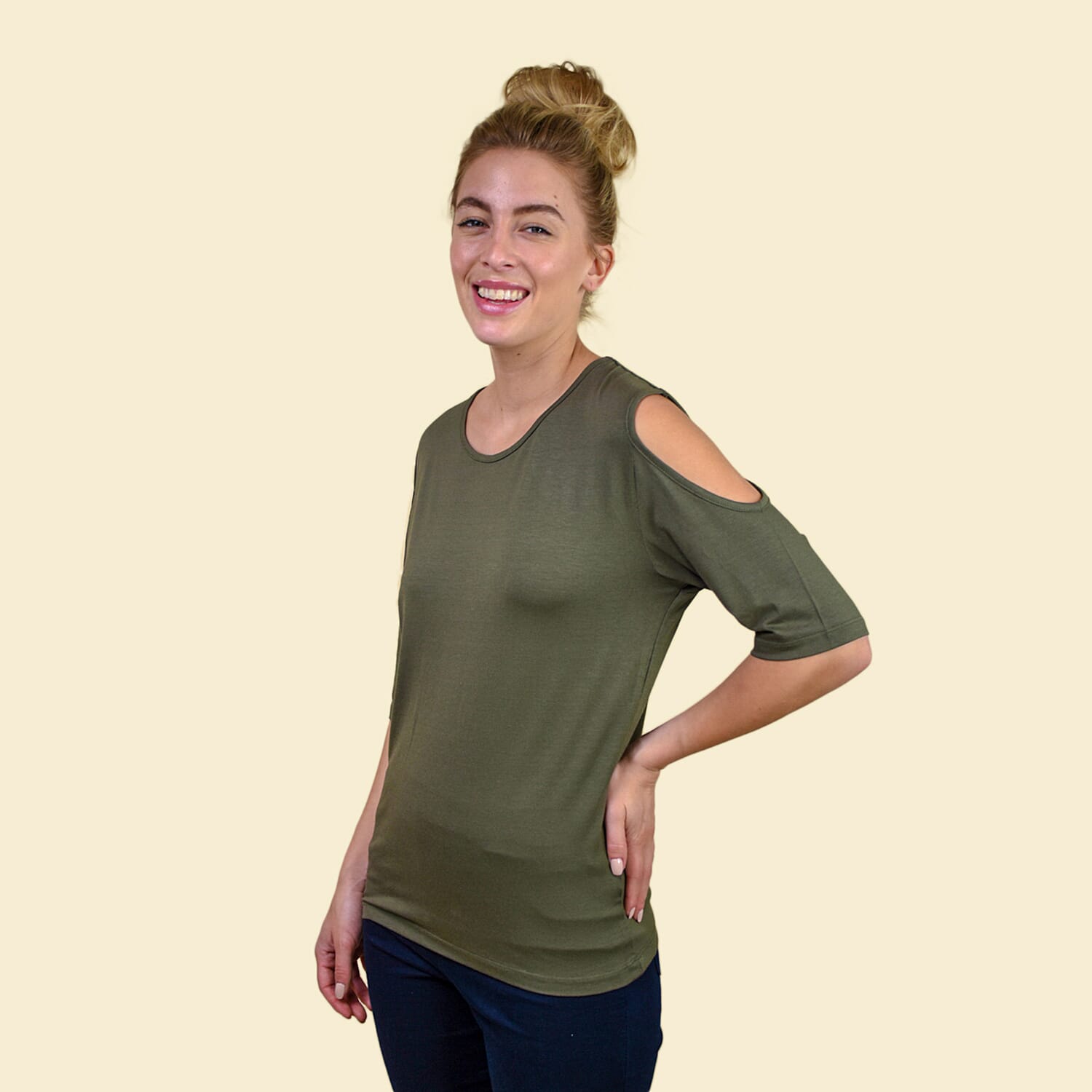 TAMSY Women Cold Shoulder Top (Size-12) - Khaki