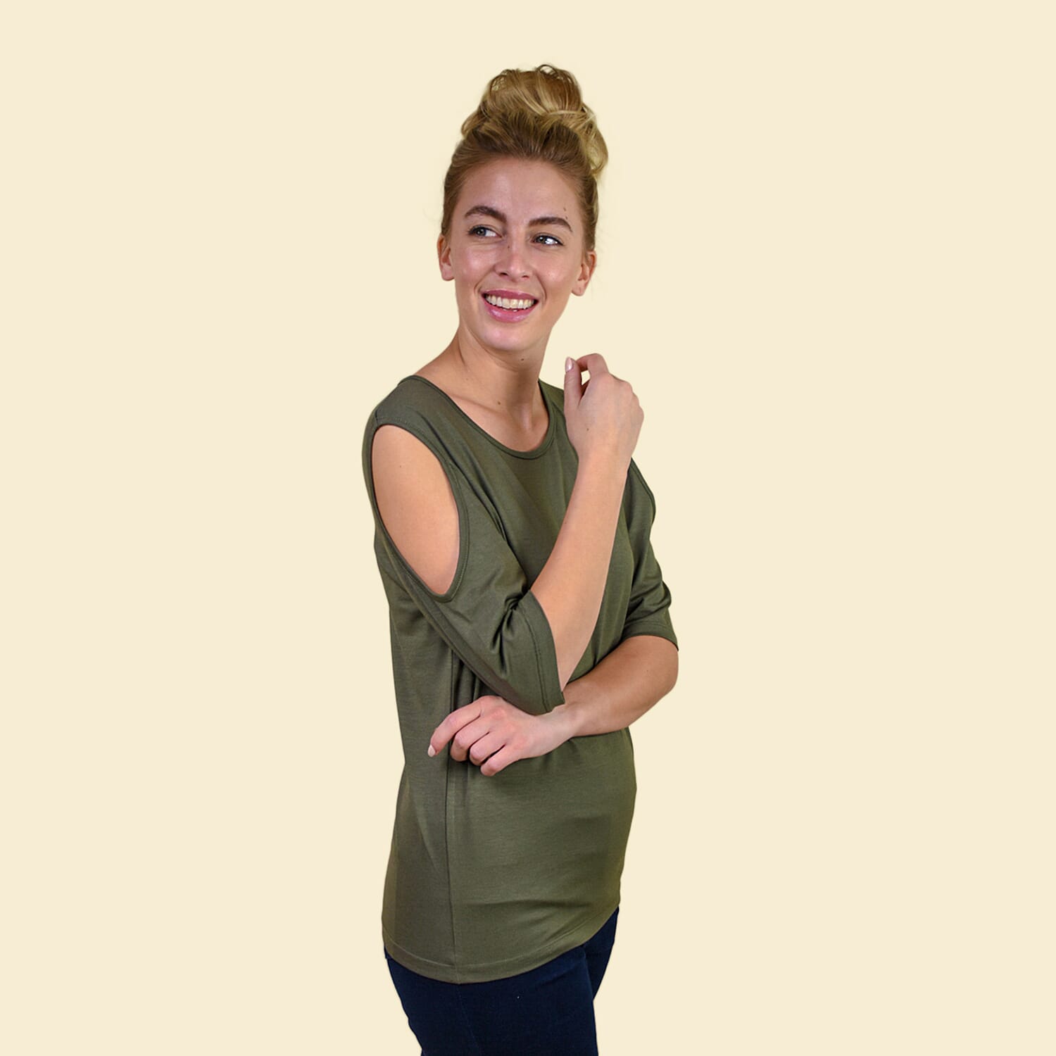 TAMSY Women Cold Shoulder Top (Size-12) - Khaki