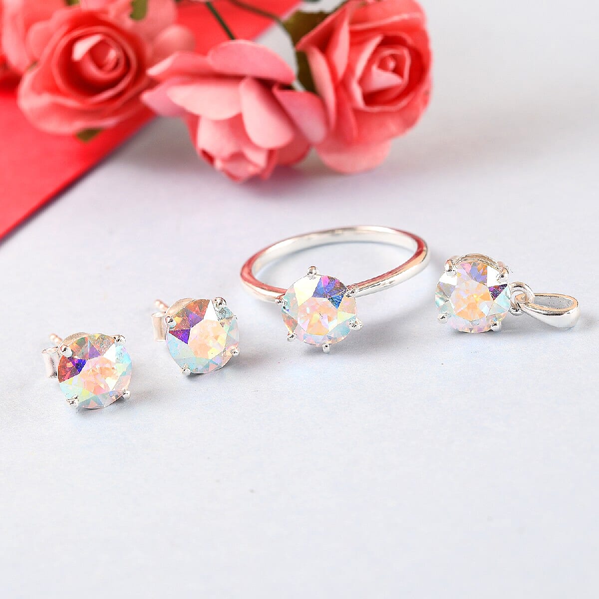 3 Piece Set -  AB Crystal Solitaire Stud Push Post Earring and Solitaire Ring and Soli  Sterling Silver 4.00 ct  4.000  Ct.