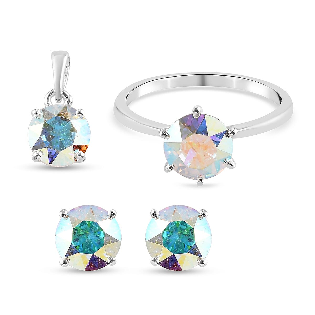 3 Piece Set - Lustro Stella AB Crystal Solitaire Ring, Pendant and Stud Earrings (with Push Back) in Sterling Silver