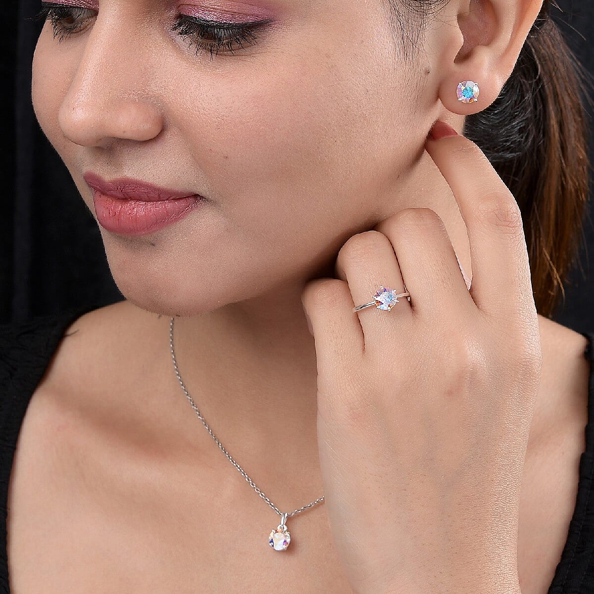 3 Piece Set - Lustro Stella AB Crystal Solitaire Ring, Pendant and Stud Earrings (with Push Back) in Sterling Silver