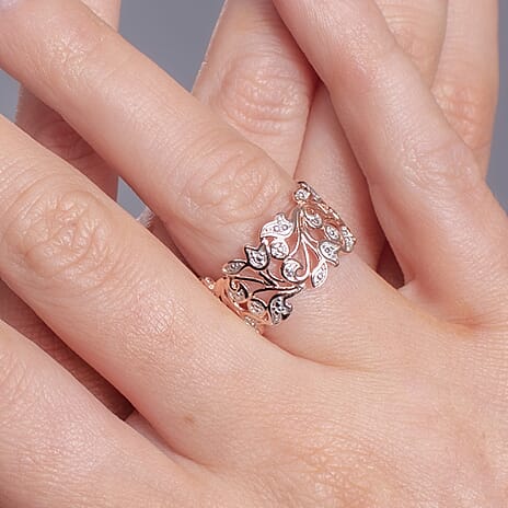 Diamond Leaf Ring in 18K Vermeil Rose Gold Plated Sterling Silver 0.005 Ct